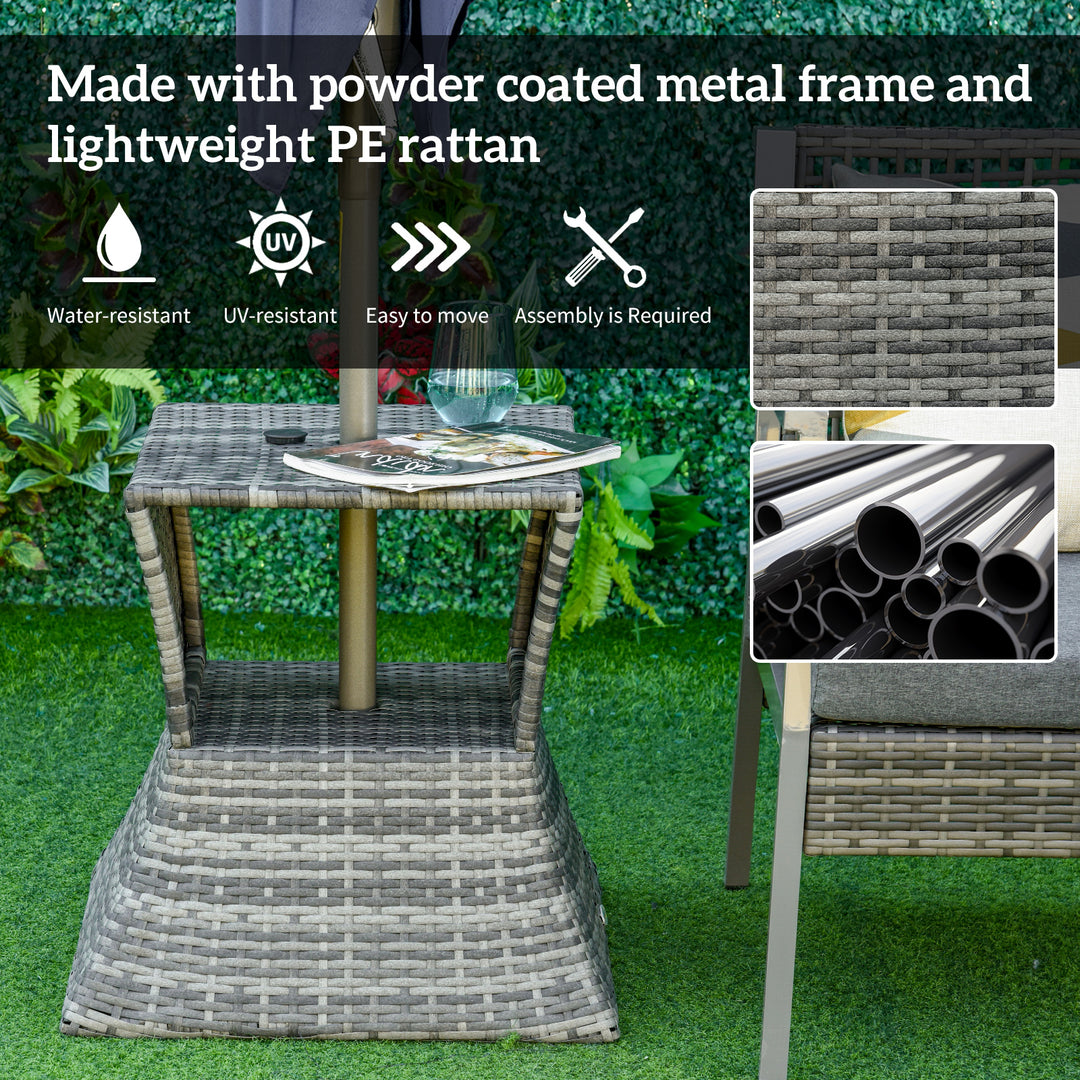 MCL Outdoor Patio Rattan Wicker Coffee Table Bistro Side Table w/ Umbrella Hole and Storage Space, Grey