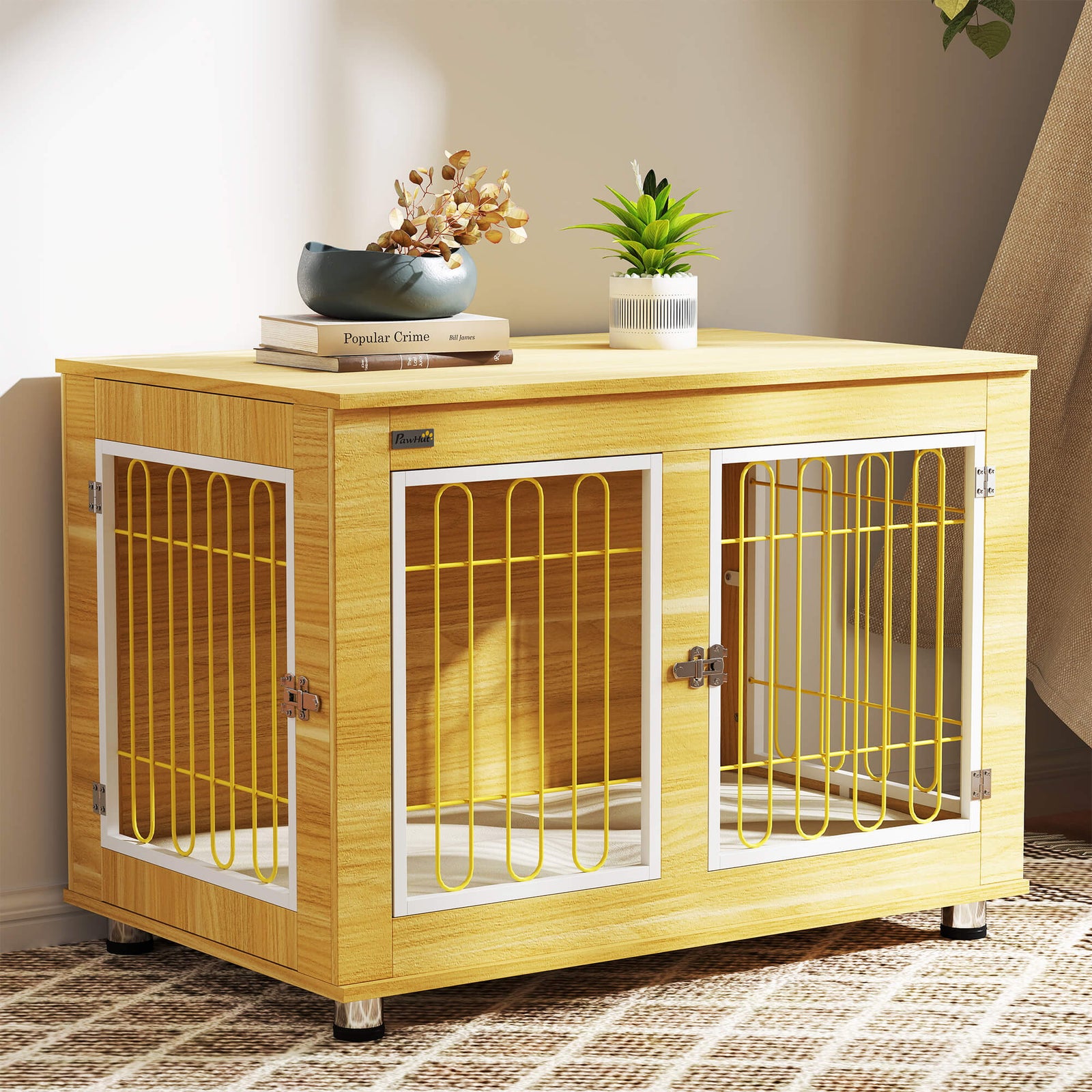 Dog Crate Furniture, Dog Cage End Table. with Soft Cushion, Double Door - Oak Tone