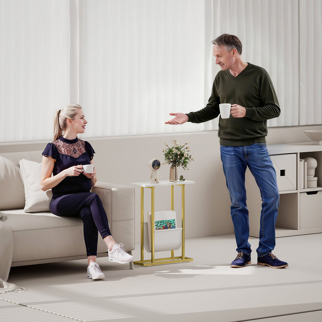 MCL Narrow Side Table, End Table with Magazine Holder, Nightstand for Small Spaces, Living Room, Bedroom, White Marble Grain