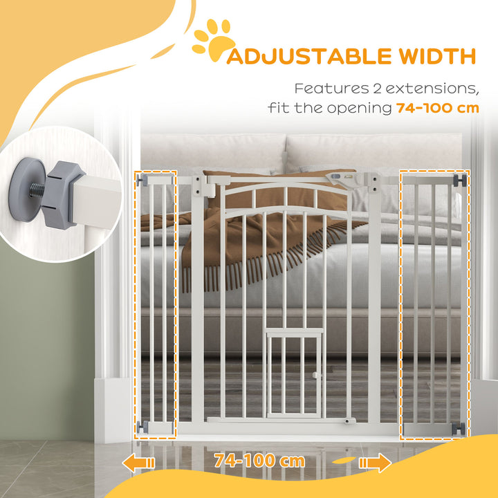 PawHut Stair Dog Gate with Cat Door, Pressure Fit, Auto Close, Double Lock, 74-100cm Openings, White | Aosom UK