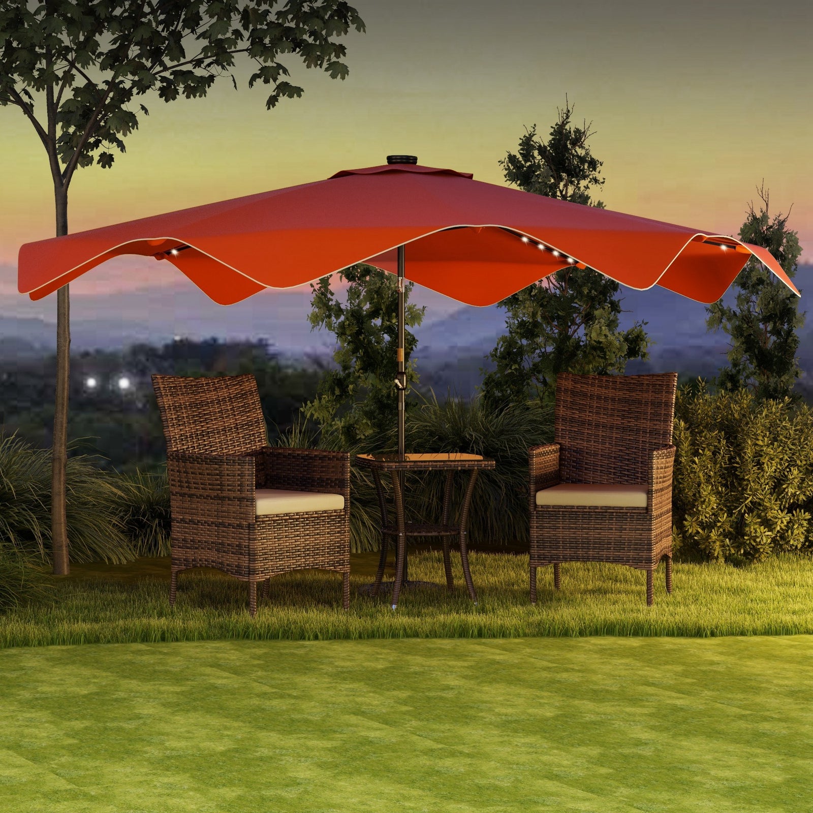 Solar Patio Umbrella with LED and Tilt, Outdoor Market Table Umbrella Parasol with Crank, 3 x 3 (m), Orange