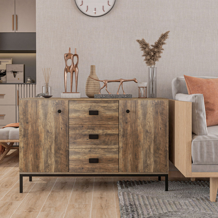 Industrial Sideboard with 3 Drawers, Storage Cabinet, Accent Cupboard with 2 Doors and Adjustable Shelves for Kitchen, Dining Room, Living Room, Distressed Brown