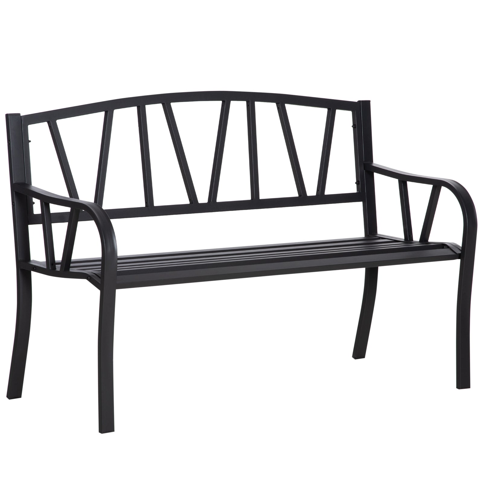 2-Seater Garden Bench Metal Loveseat w/ Decorative Backrest Ergonomic Armrest