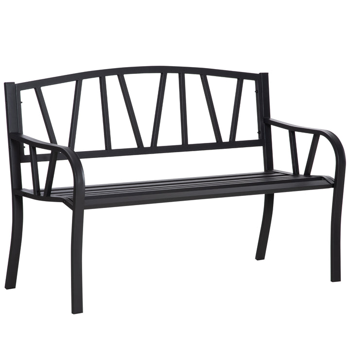 2-Seater Garden Bench Metal Loveseat w/ Decorative Backrest Ergonomic Armrest