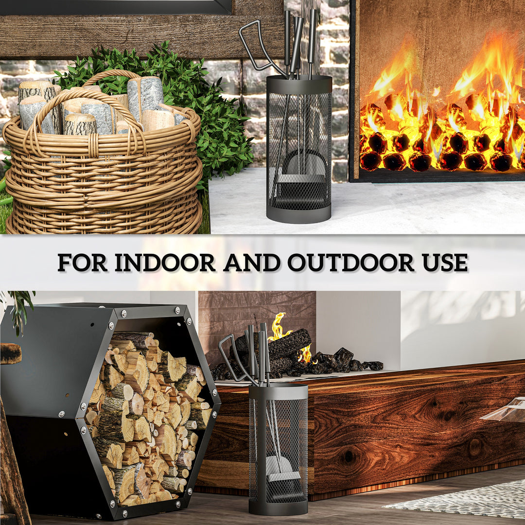 5-Piece Fireplace Tools Set with Mesh Basket, Indoor Outdoor Fireside 
