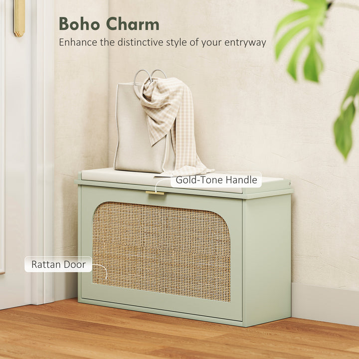 Boho Shoe Bench with Padded Seat and Flip-Drawer - Light Green