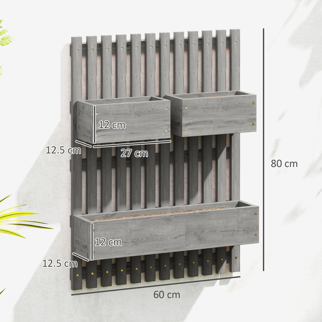 Wall-mounted Wooden Garden Planters with Trellis, Drainage Holes and 3 Planter Boxes for Patio, Grey