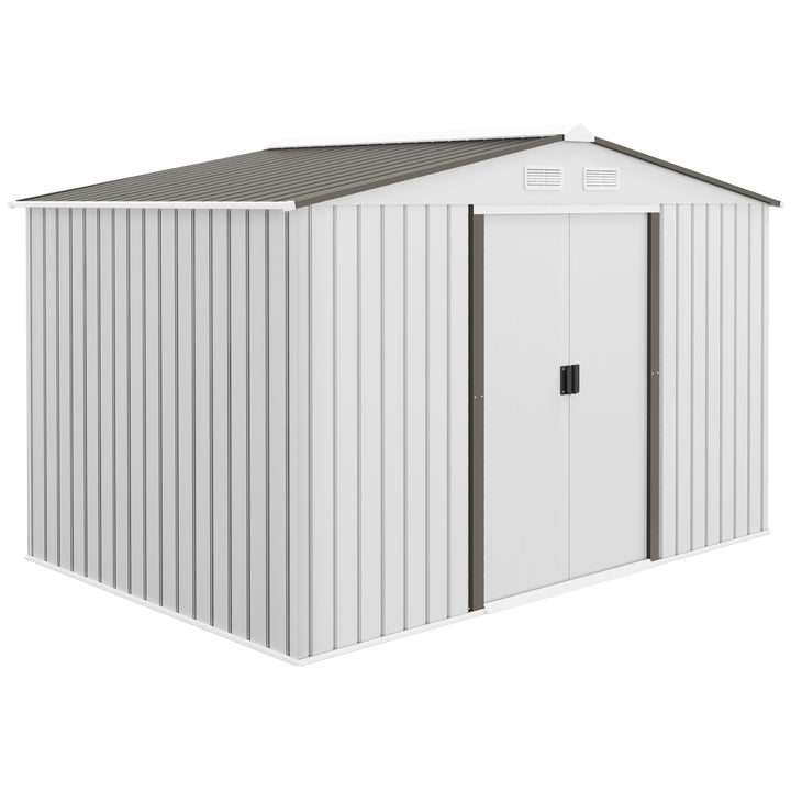 Outsunny 9 x 6FT Garden Storage Shed, Metal Outdoor Storage Shed House with Floor Foundation, Ventilation & Doors, Grey | Aosom UK