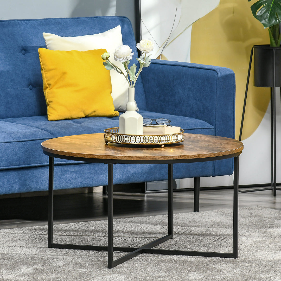 Round Coffee Table, Industrial Side Table with Metal Frame, Large Coffee Tables for Living Room, Bedroom, Rustic Brown
