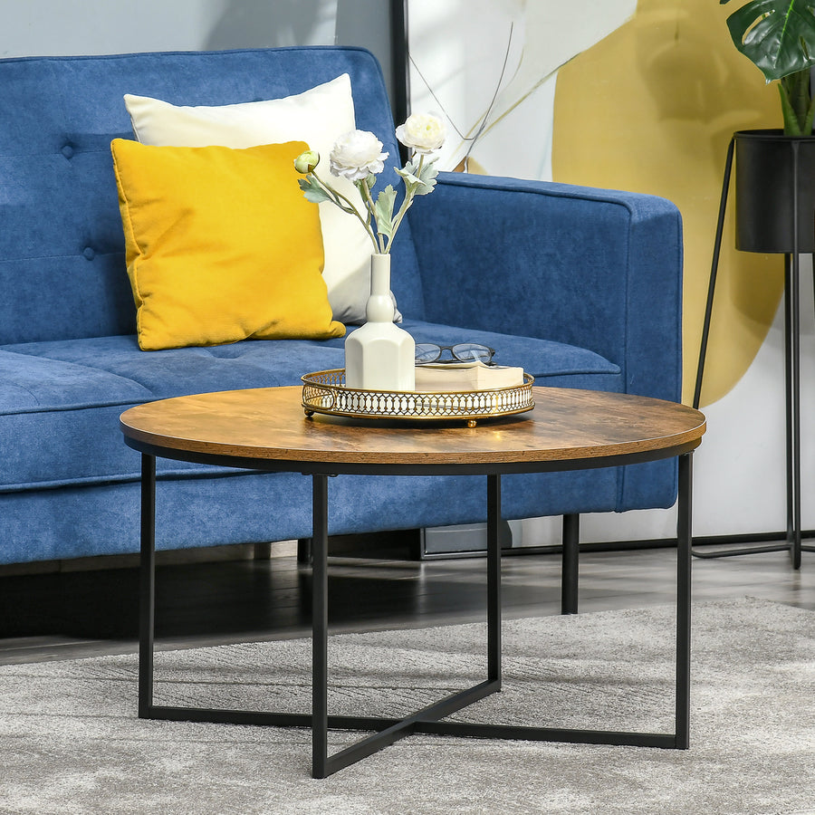 Round Coffee Table, Industrial Side Table with Metal Frame, Large Coffee Tables for Living Room, Bedroom, Rustic Brown