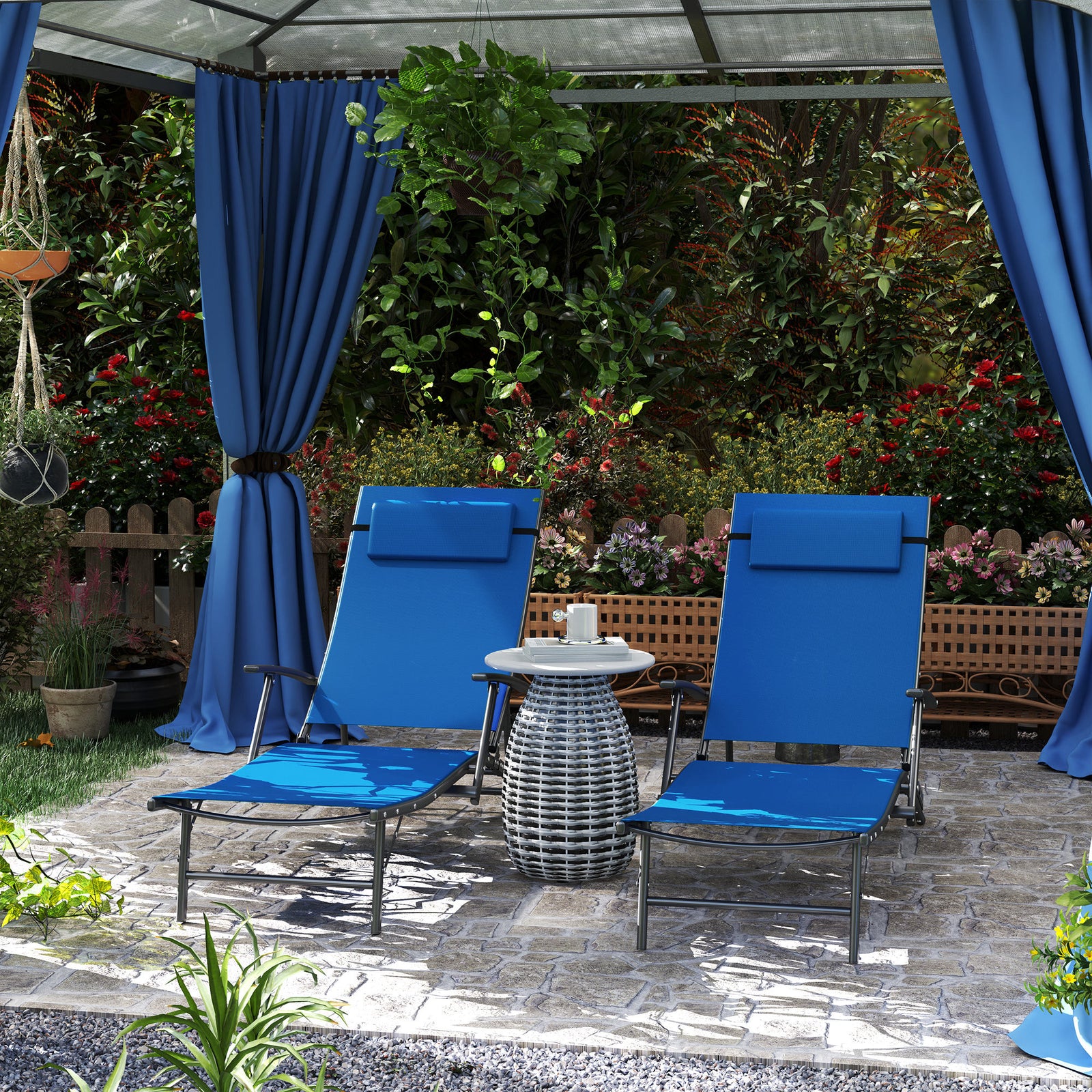 Set of Two Adjustable Back Sun Loungers - Blue