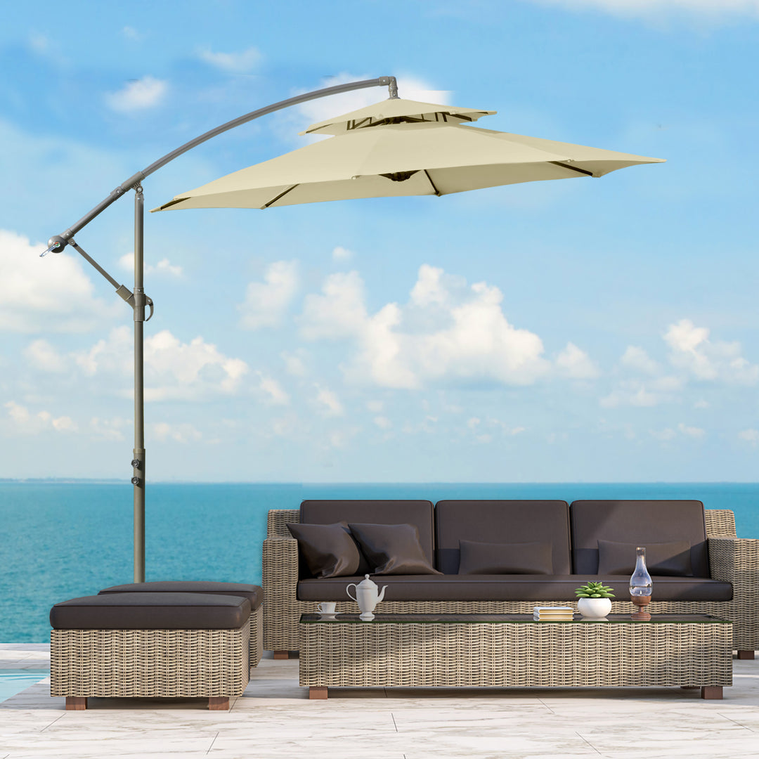 Outsunny 2.7m Garden Banana Parasol Cantilever Umbrella w/ Crank Handle, Double Tier Canopy, Cross Base, Hanging Sun Shade, Beige | Aosom UK