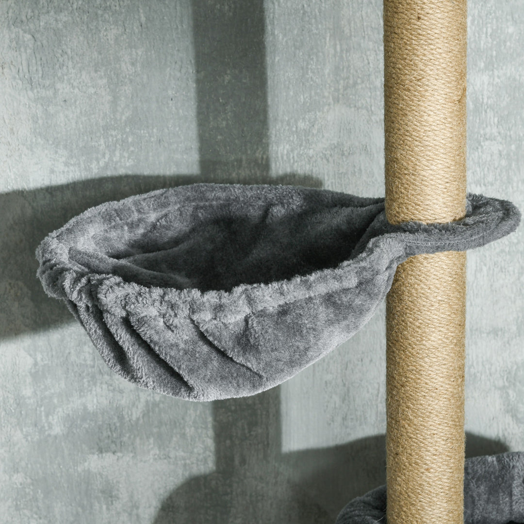 Floor to Ceiling Cat Tree for Indoor Cats, 6-Tier Play Tower Climbing Activity Center with Scratching Post, Platforms, Bed, Hammock, Adjustable Height 230-250cm, Grey