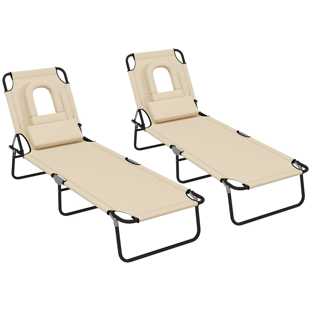 Outdoor Folding Sun Lounger Set of 2 with Face Hole, 4 Level Adjustable Backrest Reclining Garden Lounger, Garden Recliner Sunbed with 600 D Oxford Cloth Seat and Pillow for Beach, Sand