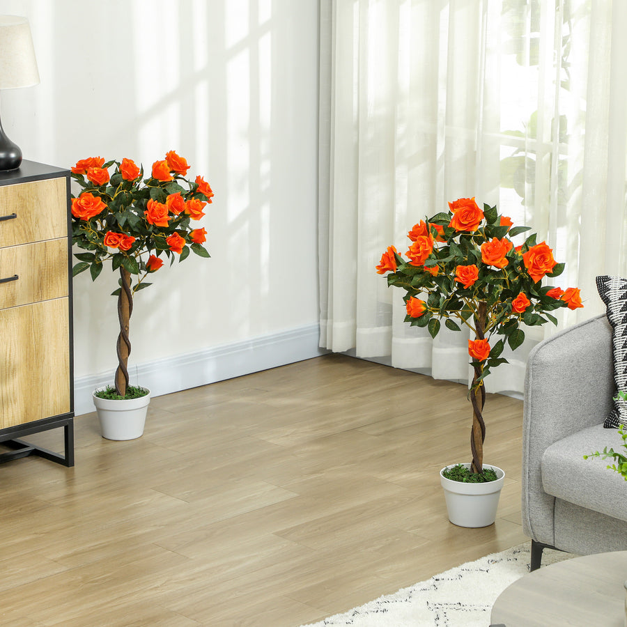 Set of 2 Artificial Plants White Rose Floral in Pot, Fake Plants for Home Indoor Decor, 90cm, Orange