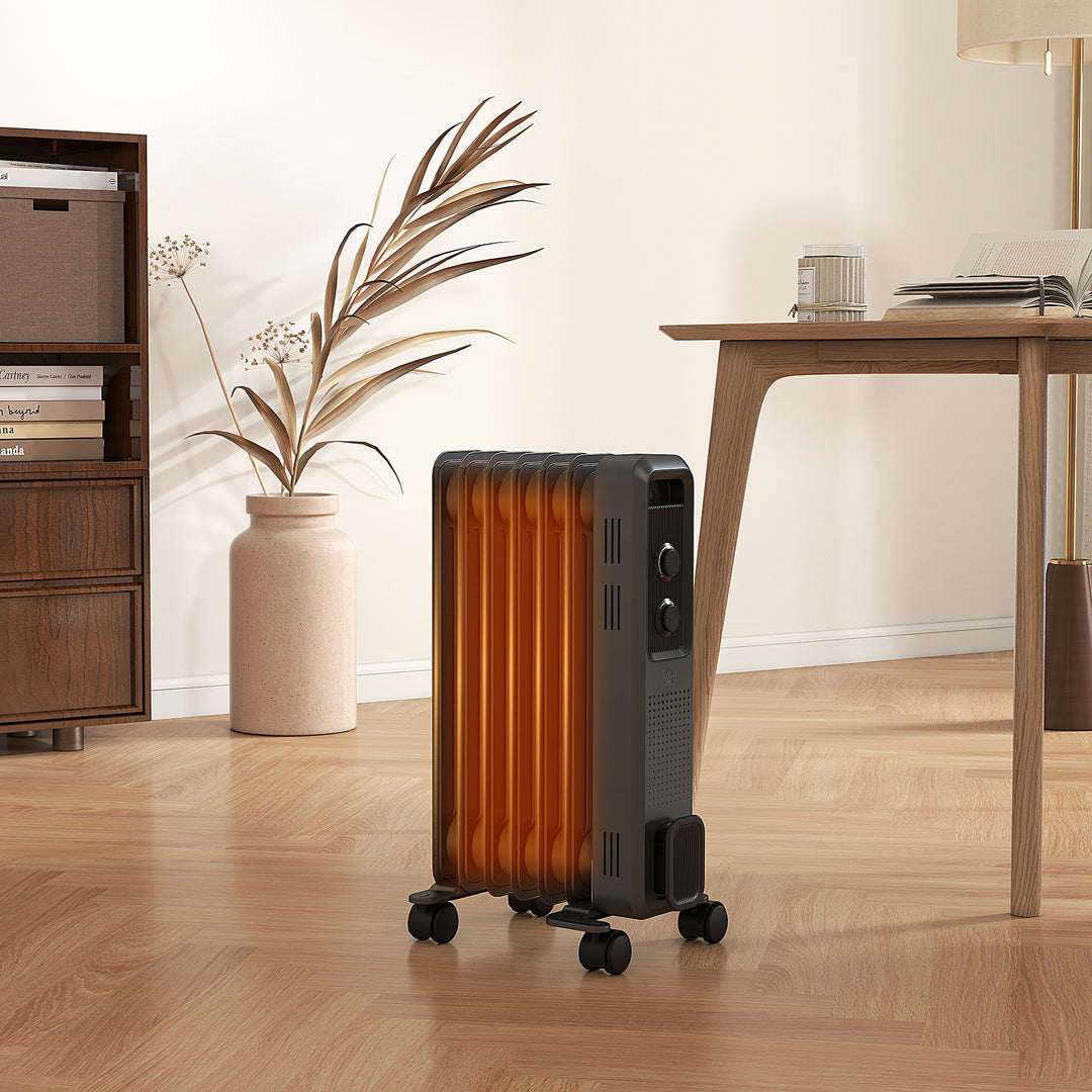 HOMCOM 1500W Oil Filled Radiator, 7 Fin, Portable Electric Heater with 3 Heat Settings, Safety Cut-Off and Wheels, Grey