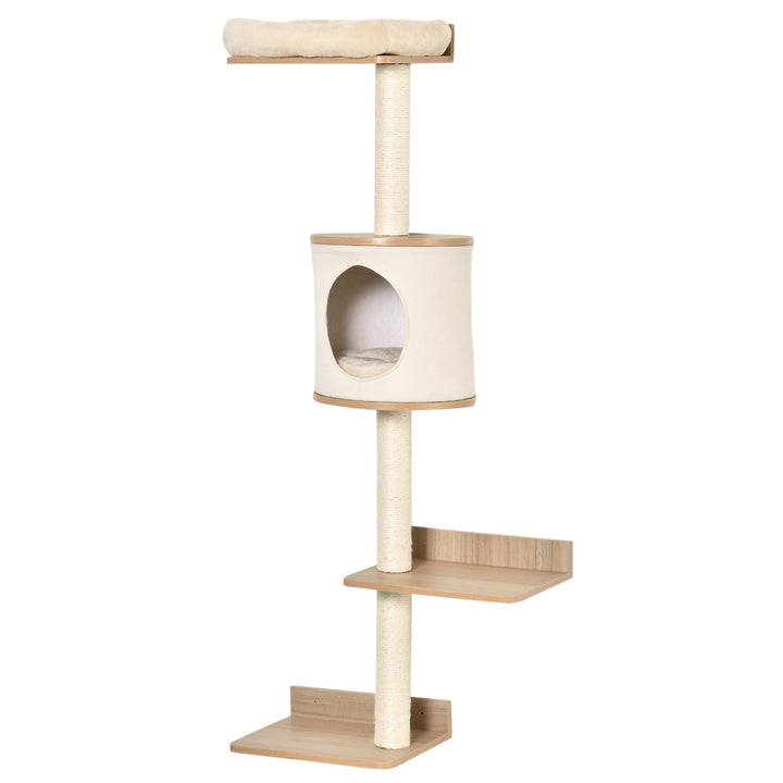 PawHut Cat Tree for Indoor Cats Wall-Mounted Cat Shelf Shelter Kitten Perch Climber Furniture w/ Condo Bed Scratching Post – Beige | Aosom UK