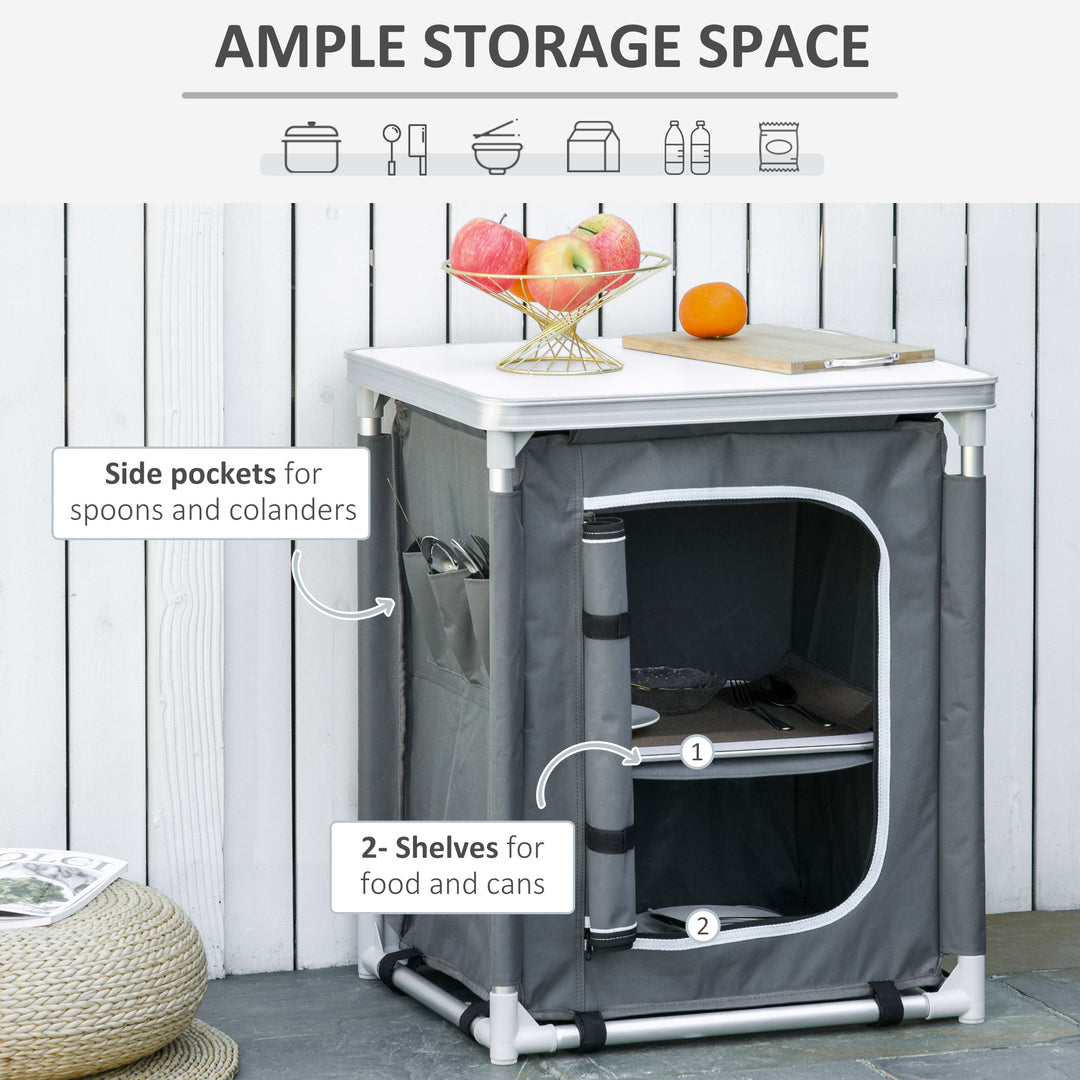 2-Shelf Camping Cupboard Camping Kitchen Station Cook Table Aluminum, Storage Organiser for BBQ Party Picnics Backyards with Carrying Bag