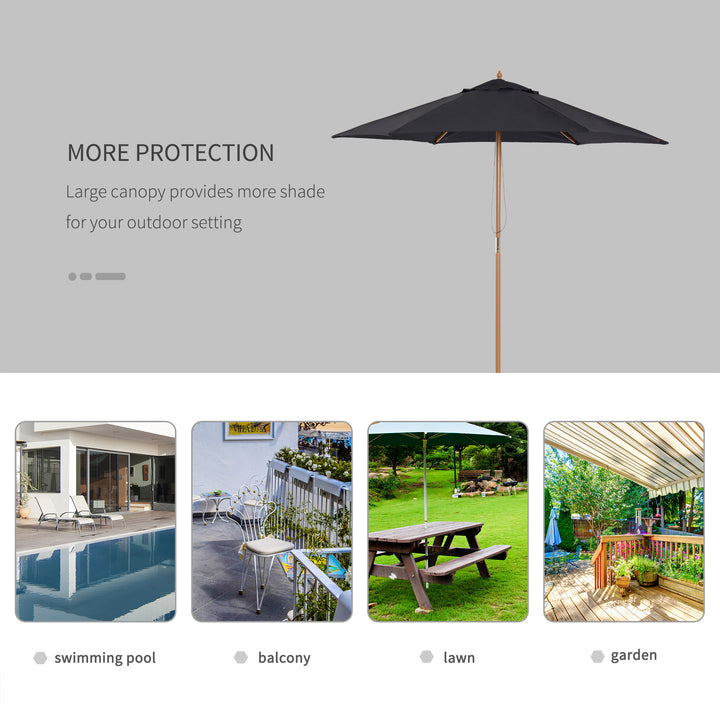 2.5m Wood Garden Parasol Sun Shade Patio Outdoor Wooden Umbrella Canopy Black