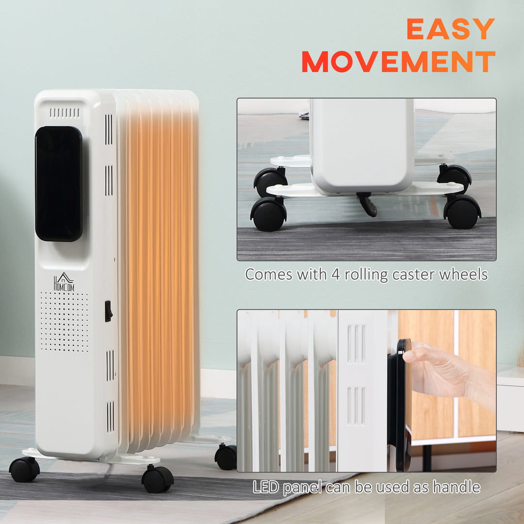 MCL 2000W Oil Filled Radiator, 9 Fin Portable Electric Heater with LED Display, 24H Timer, 3 Heat Settings, Adjustable Thermostat, Safety Cut off, Remote Control, White