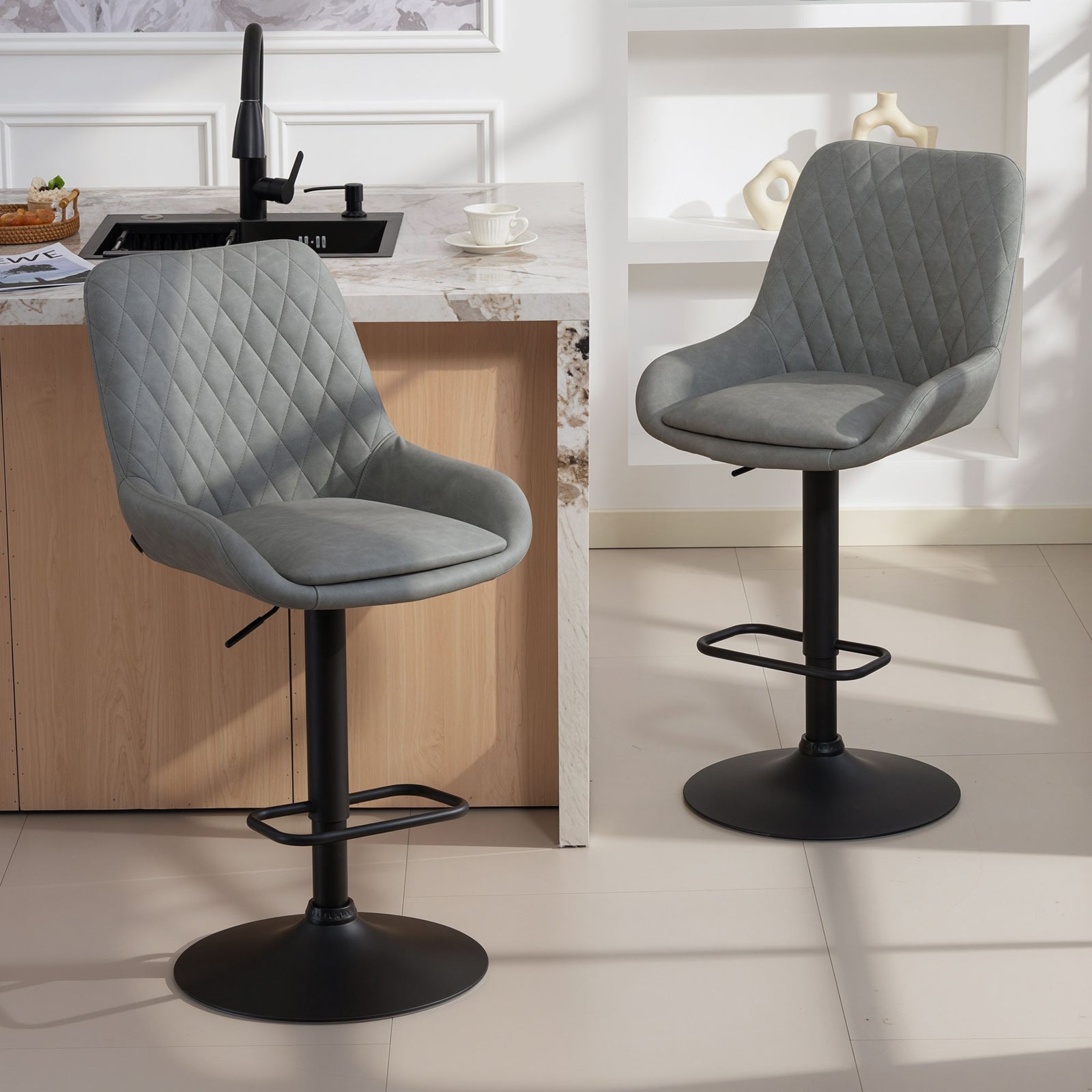 Set of Two Faux Leather Retro Bar Stools - Light Grey