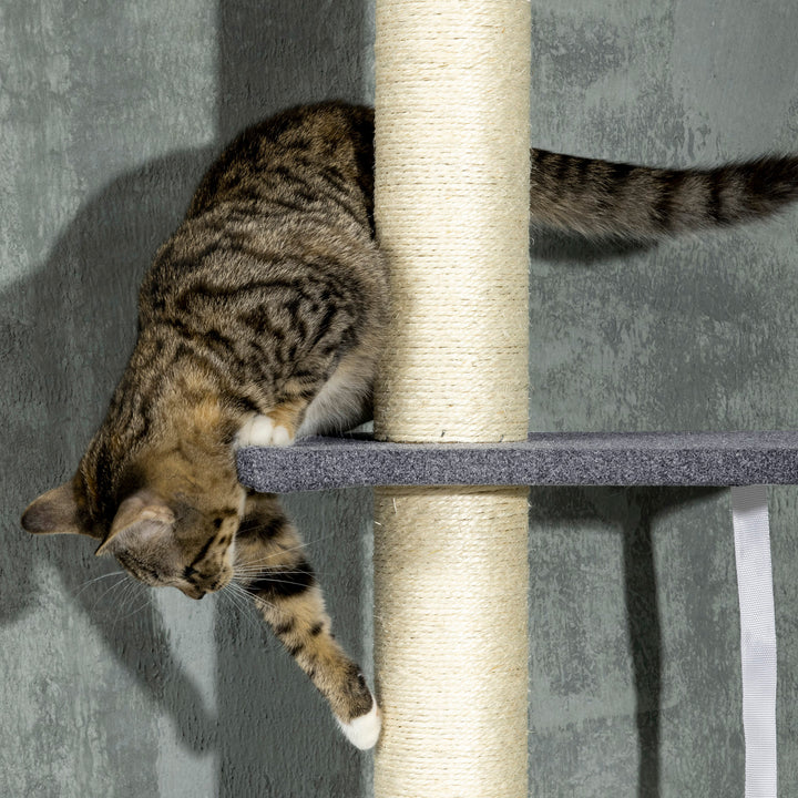 240-270cm Floor-To-Ceiling Cat Tree, 5 Tier Cat Climbing Tower, with Bed, Hammock, Platforms, Dark Grey and Cream