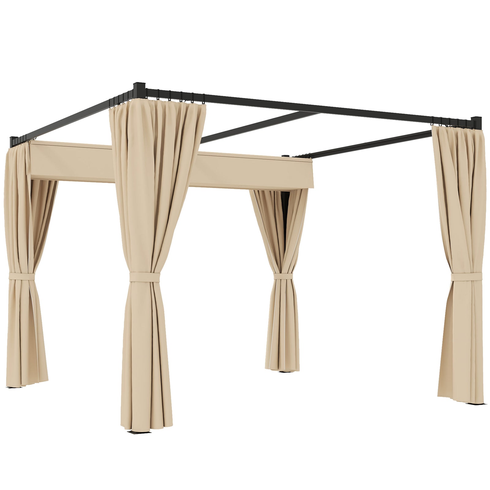 3 x 3(m) Retractable Pergola, Garden Gazebo Shelter with Curtains, for Grill, Patio, Deck, Beige
