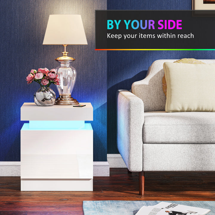 White Bedside Table with LED Light, High Gloss Front Nightstand with 2