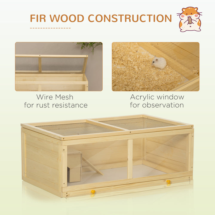 Wooden Hamster Cage with Sliding Tray, Openable Top, Hut for Syrian Hamster, Natural Wood Finish