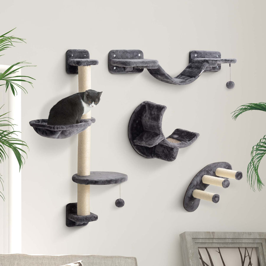 Four-Piece Cat Wall Furniture, with Hammock, Ladder, Platforms, Steps, for Indoor Use - Dark Grey