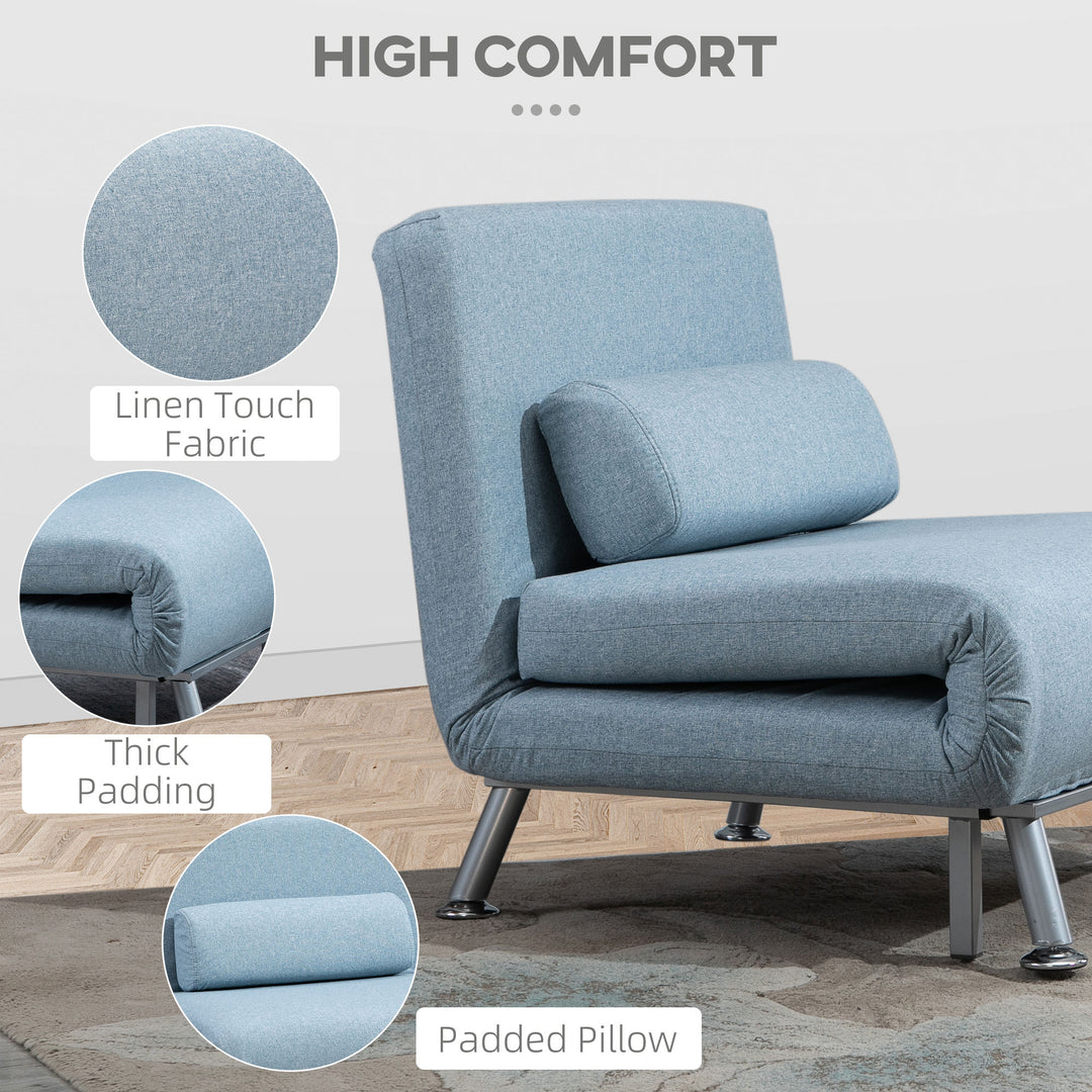 MCL Linen Chair Bed, 3-in-1 Convertible Sleeper Chair with Adjustable Backrest, Pillow, for Living Room, Bedroom, Sky Blue