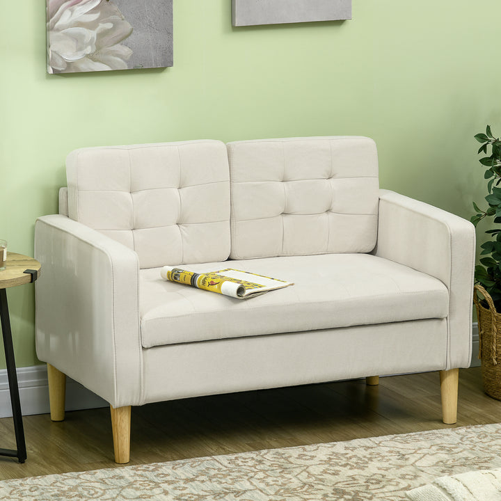 Modern Loveseat Sofa, Compact 2 Seater Sofa with Hidden Storage, 117cm Tufted Cotton Couch with Wood Legs, Cream White
