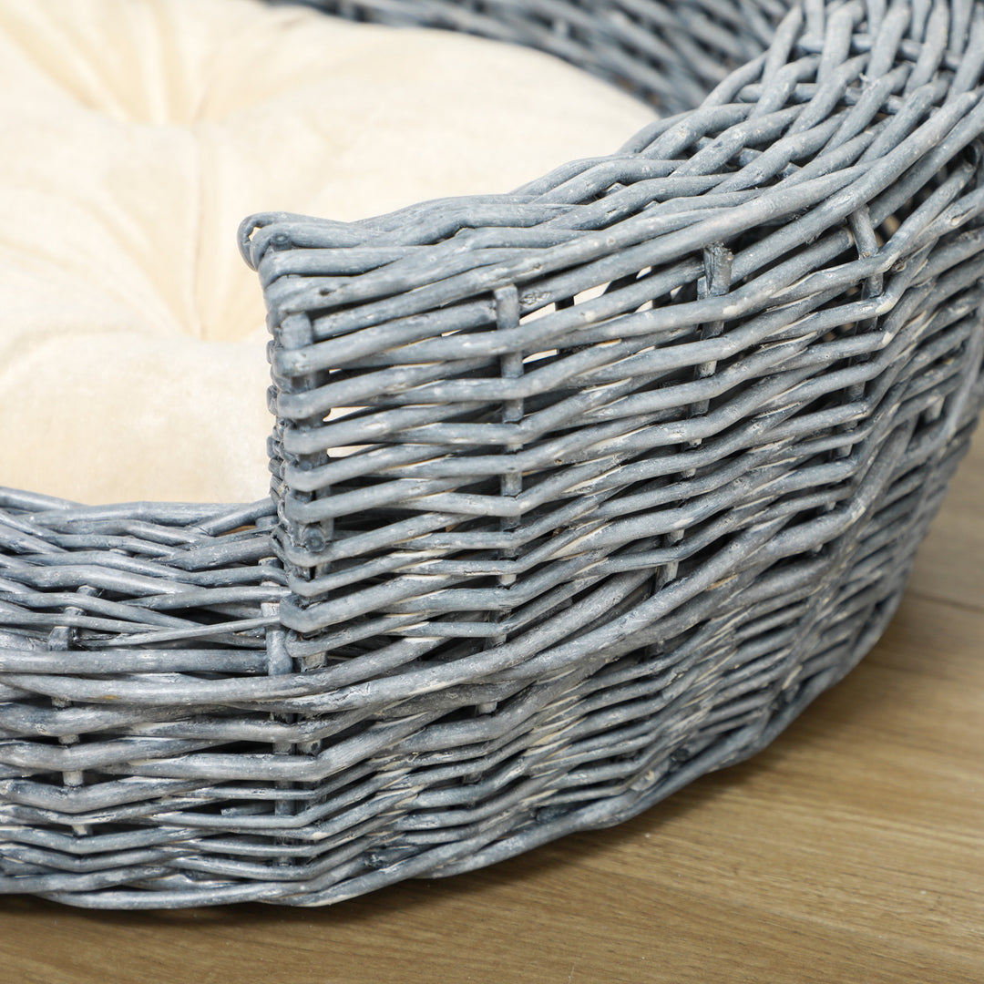 Wicker Pet Bed Willow Dog Cat Sofa Couch Puppy Basket with Cushion Grey 57L x 46W x 17.5H cm
