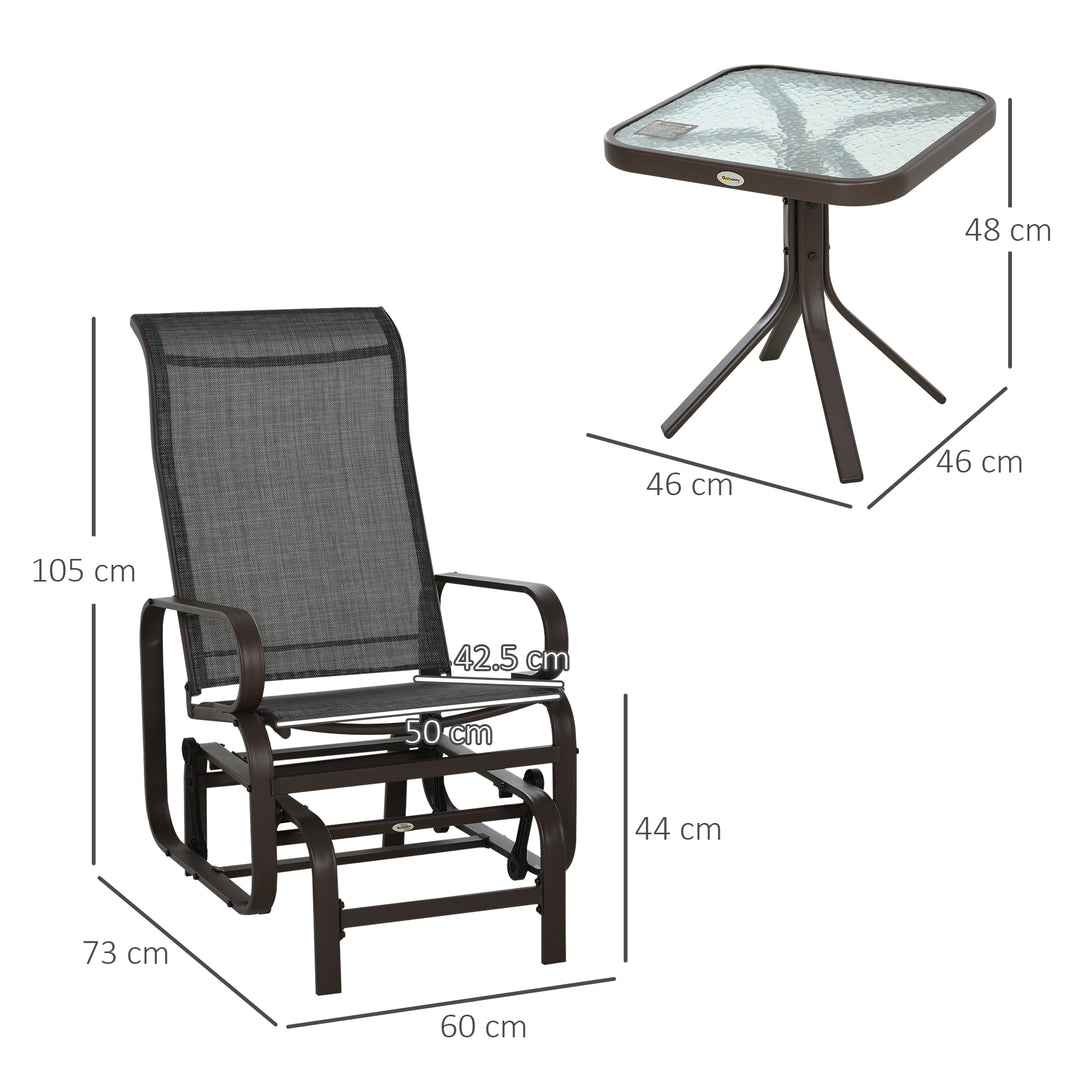 3 Pieces Garden Gliding Chair Set, Metal Frame 2 Single Armchair Swing Seater and 1 Glass Top Coffee Table w/ Breath Mesh Fabric Seat, Brown