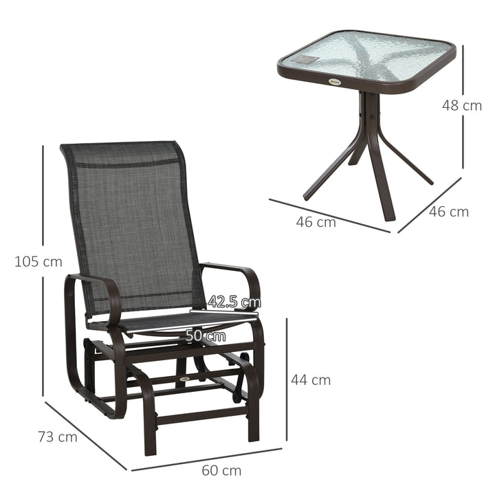 3 Pieces Garden Gliding Chair Set, Metal Frame 2 Single Armchair Swing Seater and 1 Glass Top Coffee Table w/ Breath Mesh Fabric Seat, Brown