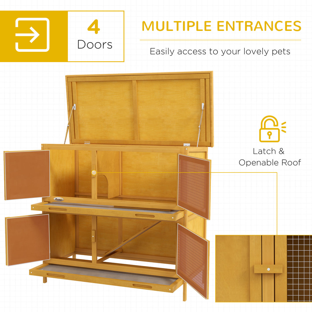 Double Decker Rabbit Hutch 2 Tier Guinea Pig House Pet Cage Outdoor with Sliding-out Tray, 97 x 44 x 91cm, Yellow