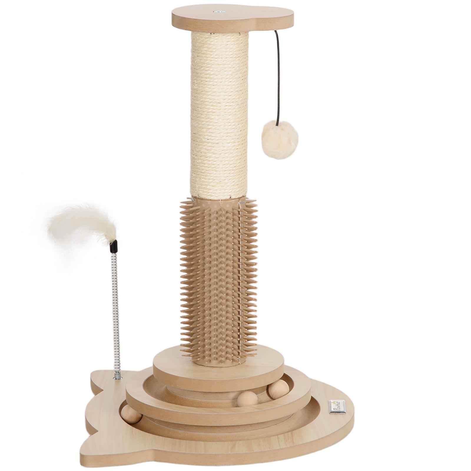 49cm 5 in 1 Cat Scratching Post with Sisal Post, Track Ball, Self Grooming Brush, Hanging Toy Ball, Feather, Oak Tone
