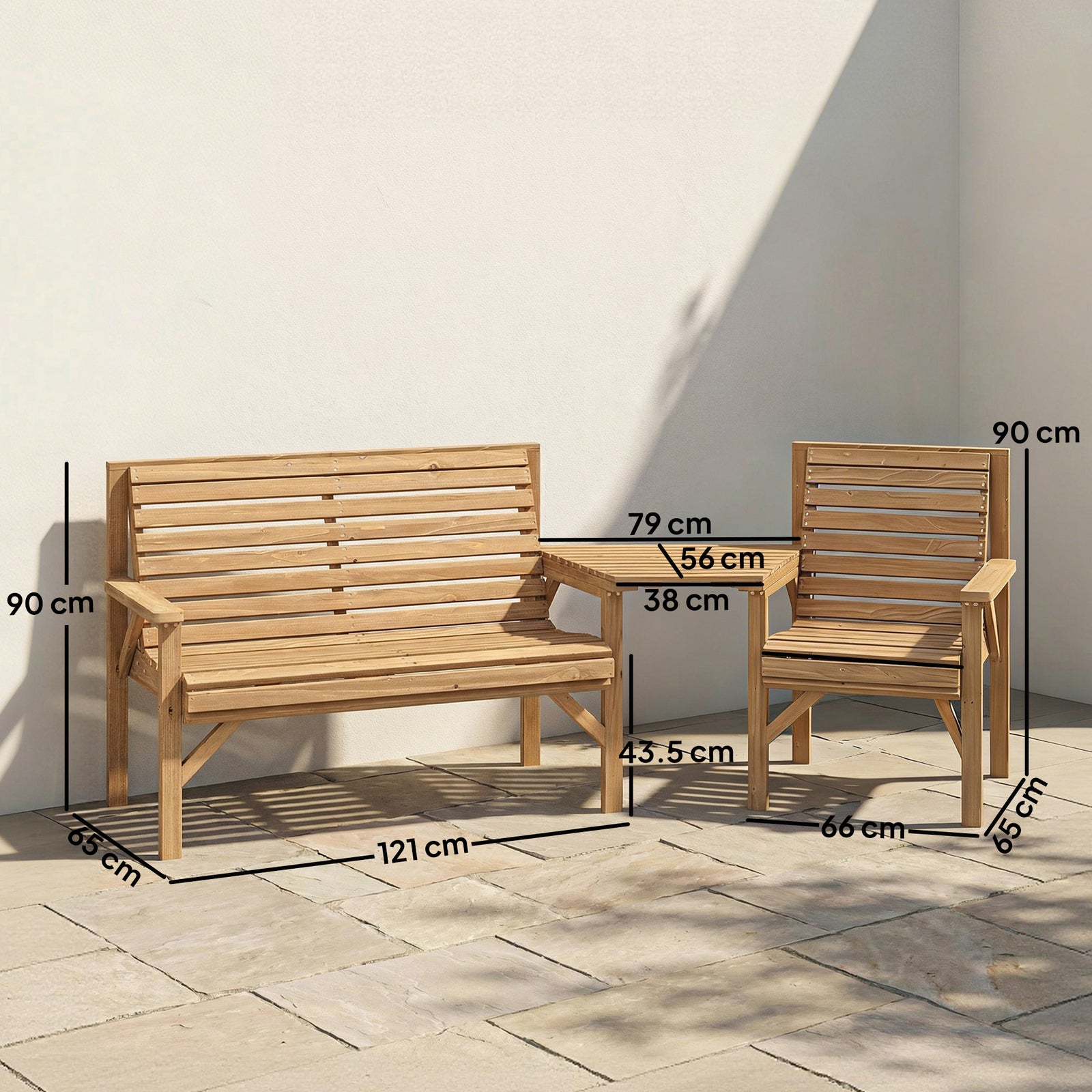 Wooden Garden Furniture Set , 1 Chair, 1 Bench and Detachable Table, N