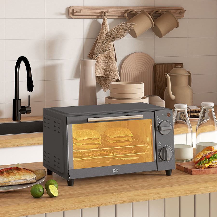 Mini Oven, 9L Countertop Electric Grill, Toaster Oven with Adjustable Temperature, Timer, Dishwasher Safe Baking Tray and Wire Rack, 750W, Grey