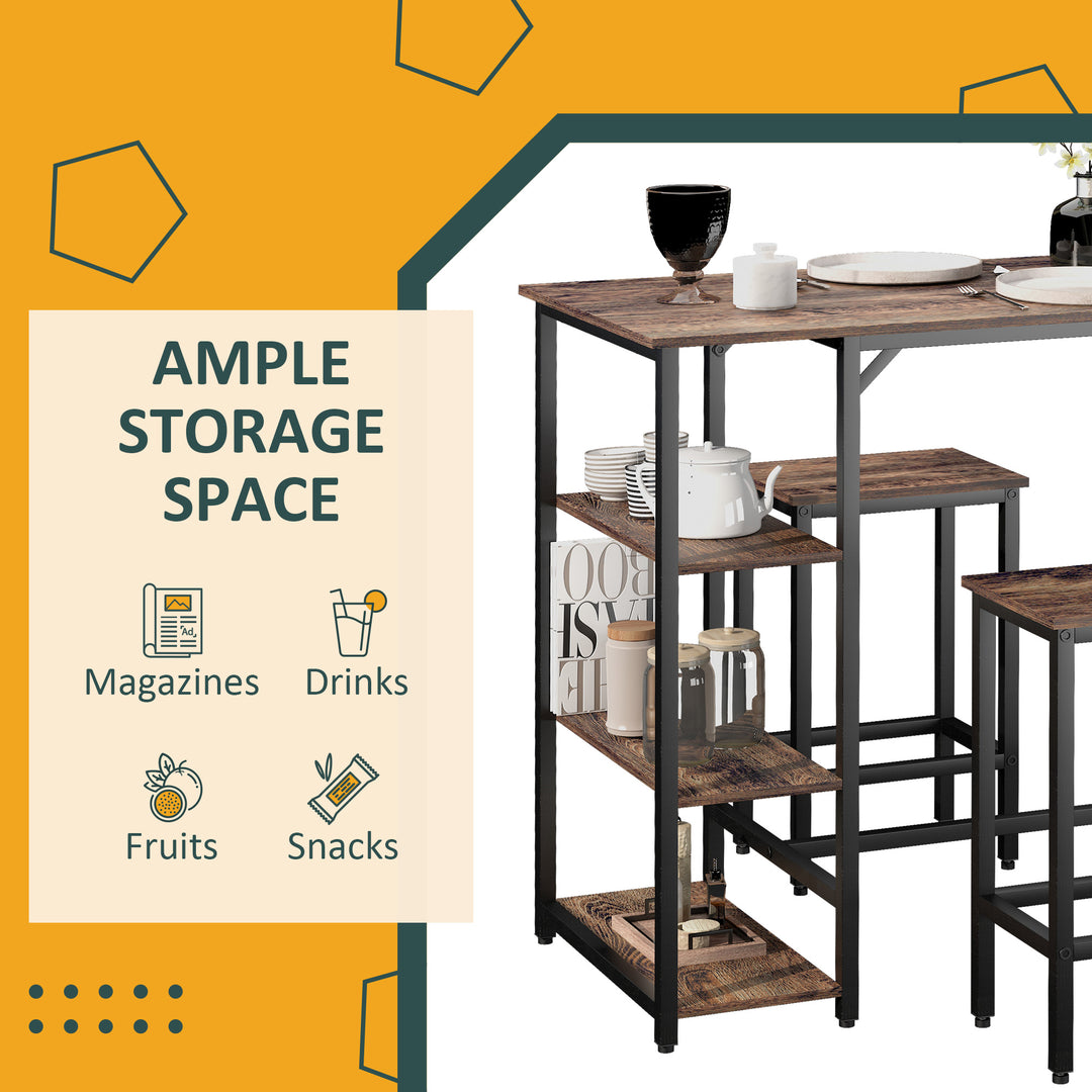 Industrial Bar Height Dining Table Set With 2 Stools & Side Shelf, 3 Pieces Coffee Table for Dining Room, Kitchen, Dinette
