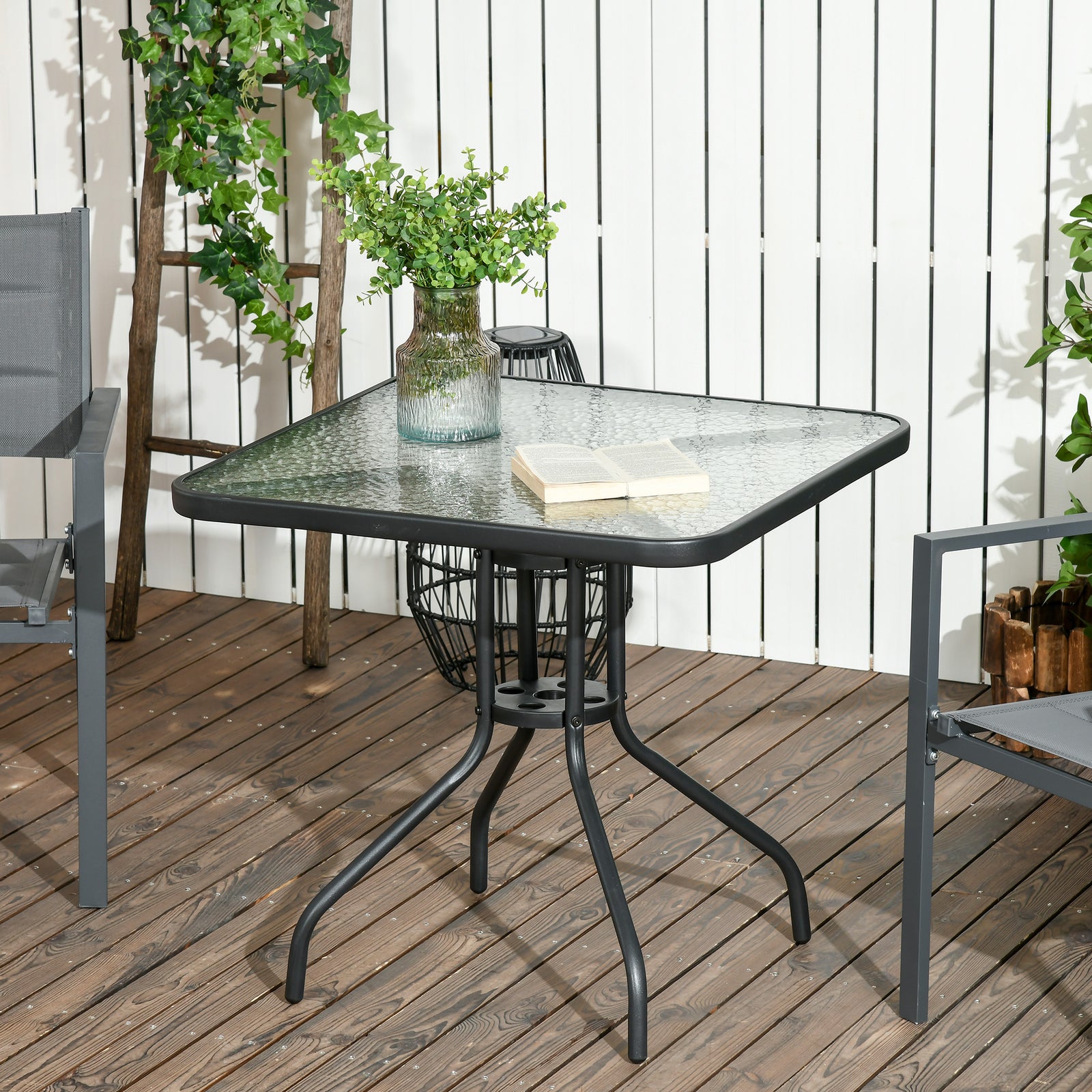 Square Garden Dining Table with Tempered Glass Top & Umbrella Hole, 76 x 76 cm
