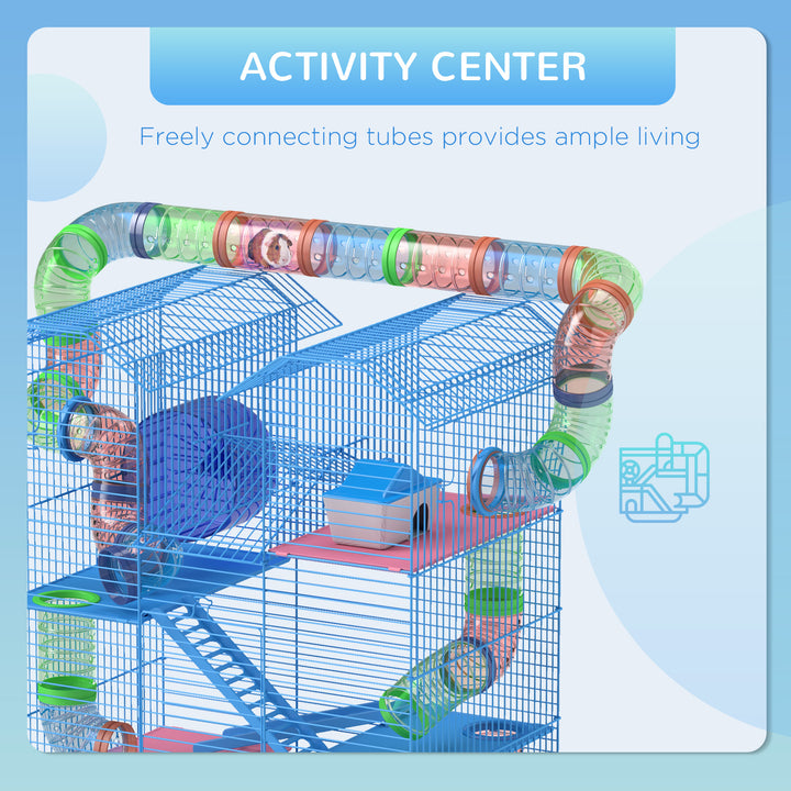 5 Tier Hamster Cage Carrier Habitat with Exercise Wheels Tunnel Tube Water Bottle Dishes House Ladder for Dwarf Mice, Blue