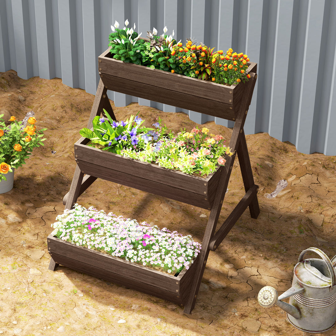 3 Tier Raised Garden Bed Wooden Elevated Planter Box Kit, 66L for Flower, Vegetable, Herb, 65x75x78cm, Tan