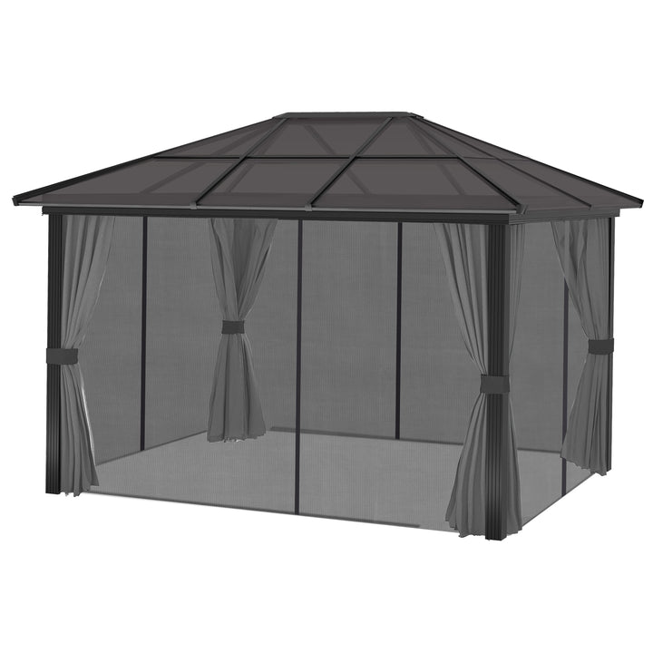 3 x 4m Hard Top Gazebo Garden Pavilion with Netting and Curtains, Polycarbonate Roof and Aluminium Frame
