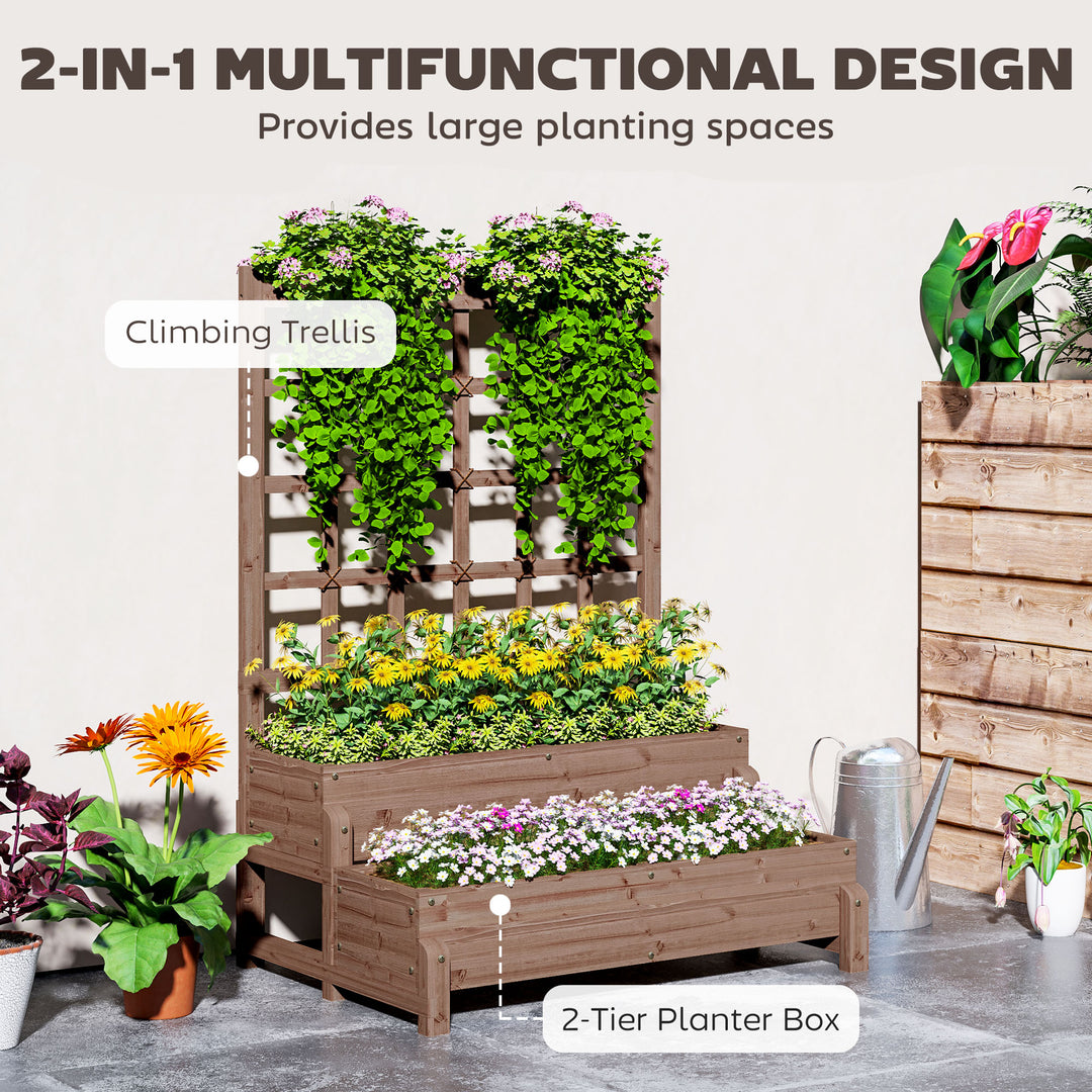 2-Tier Raised Garden Bed with Trellis, Wooden Elevated Planter Box with Drainage Holes, Outdoor Raised Planter for Climbing Plants, Fruits, Vegetables, Flowers, Brown