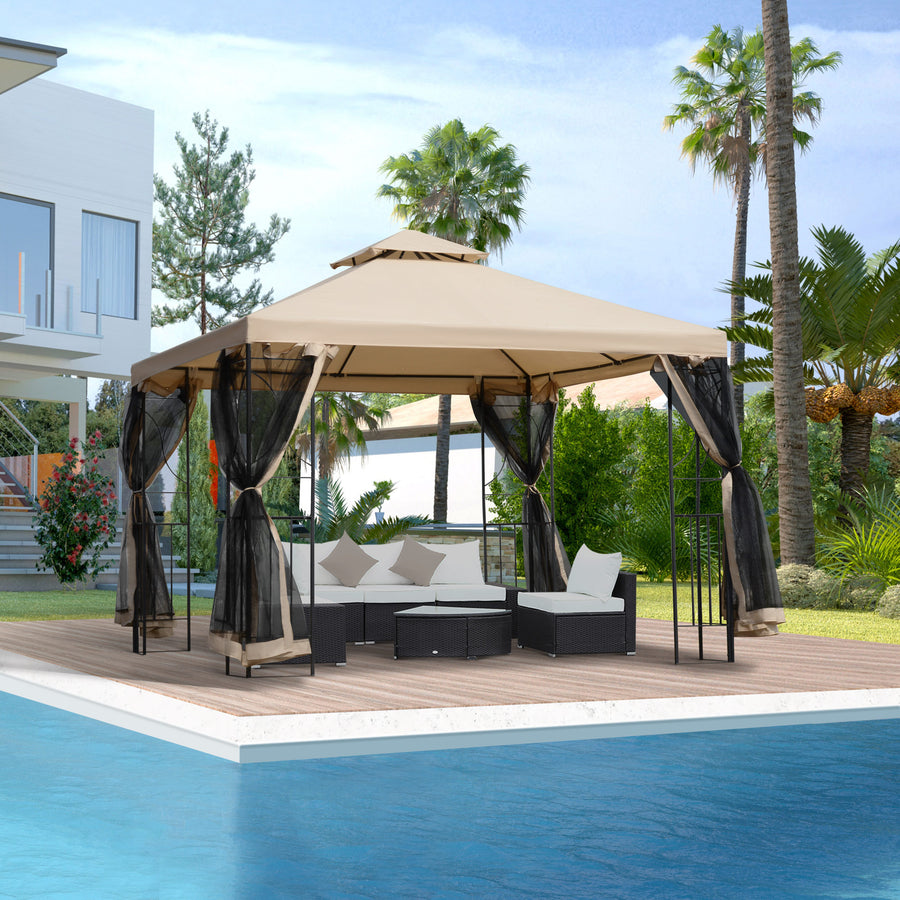 3(m) x 3(m) Garden Gazebo, Double Roof Outdoor Gazebo Canopy Shelter with Netting, Solid Steel Frame for Garden, Lawn, Backyard and Deck