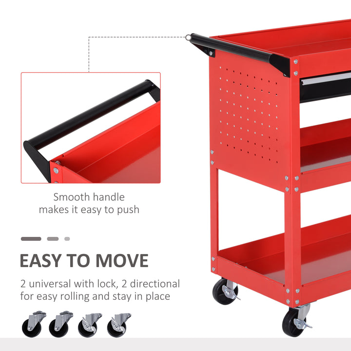 DURHAND 3-Tier Tool Trolley Cart Storage Shelf Roller Cabinet DIY Box Garage Workshop with Drawer Red | Aosom UK