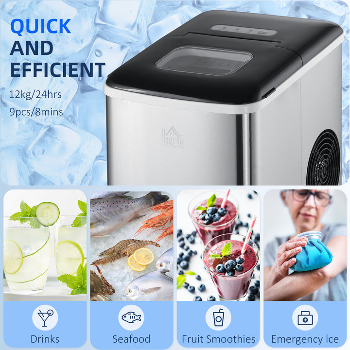 HOMCOM Ice Maker Machine, Counter Top Ice Cube Maker for Home 12kg in 24 Hrs 1.8L w/ Self Cleaning Function Scoop & Basket Stainless Steel | Aosom UK