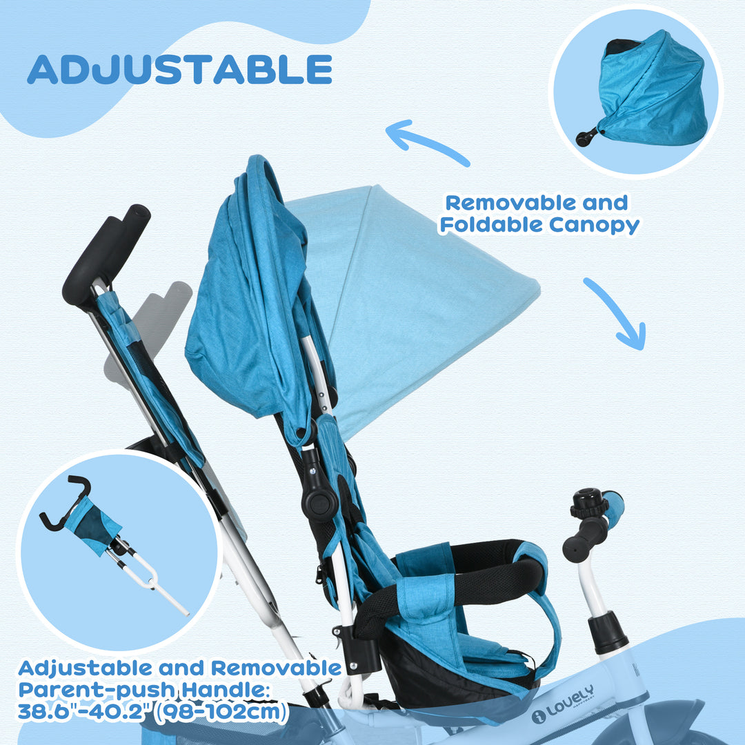 6 in 1 Kids Trike with Parent Handle, Canopy, 5-point Safety Belt, Storage, Footrest, Brake, for 1-5 Years, Blue