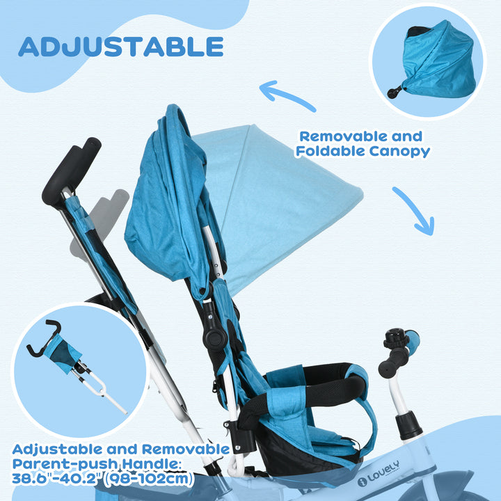 6 in 1 Kids Trike with Parent Handle, Canopy, 5-point Safety Belt, Storage, Footrest, Brake, for 1-5 Years, Blue